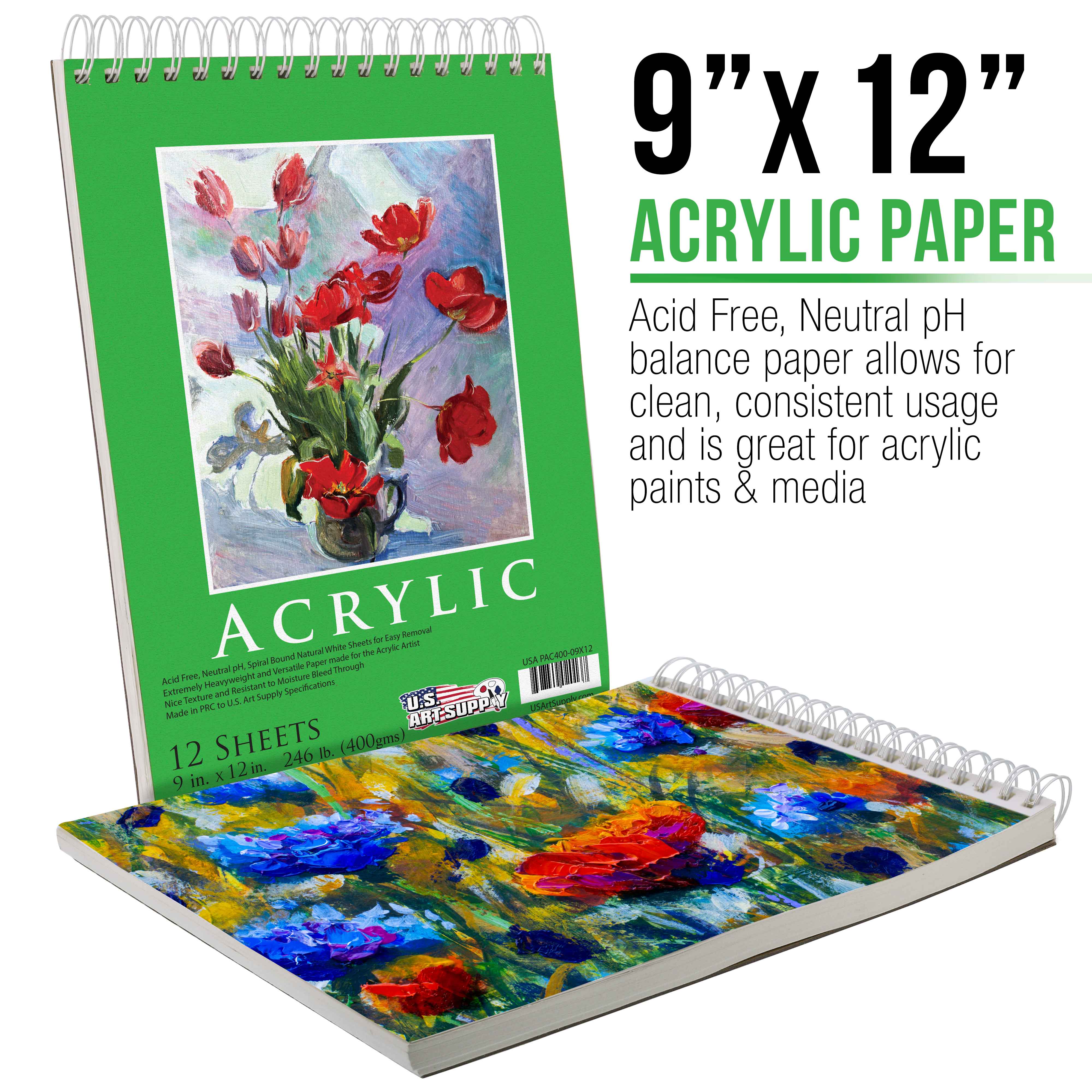 U.S. Art Supply 9 x 12 Premium Extra Heavy-Weight Acrylic Painting Paper Pad, 246 Pound (400gsm), Spiral Bound, Pad of 12-Sheets (Pack of 2 Pads)